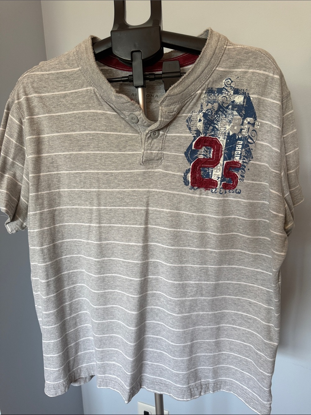 Arizona Jean Company Gray Striped Henley with Red and Navy Graphic